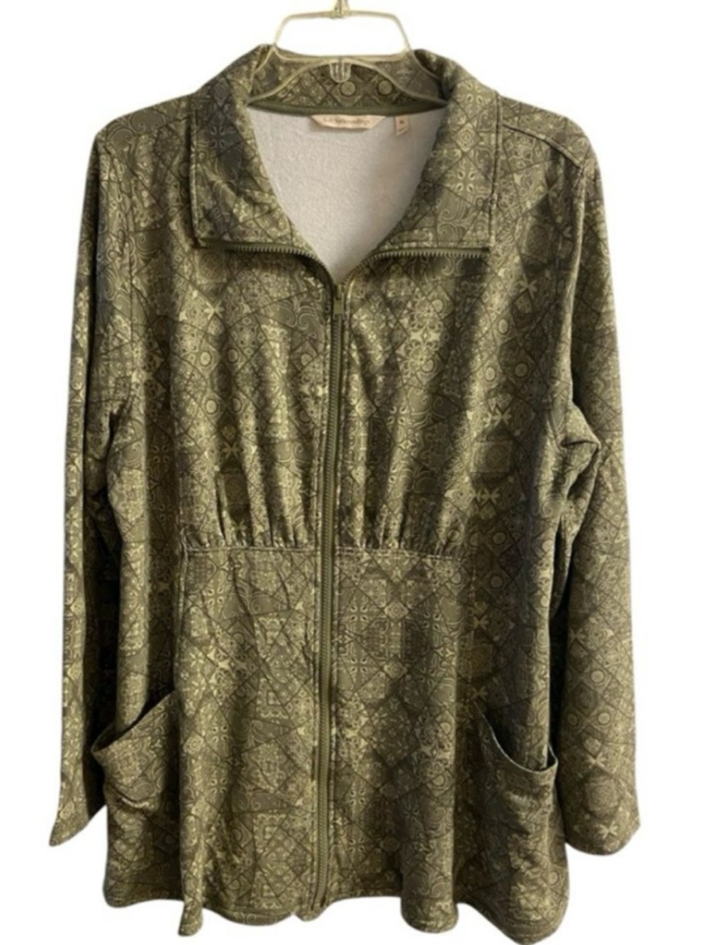 Soft Surroundings Olive Green Patterned Zip Jacket XL